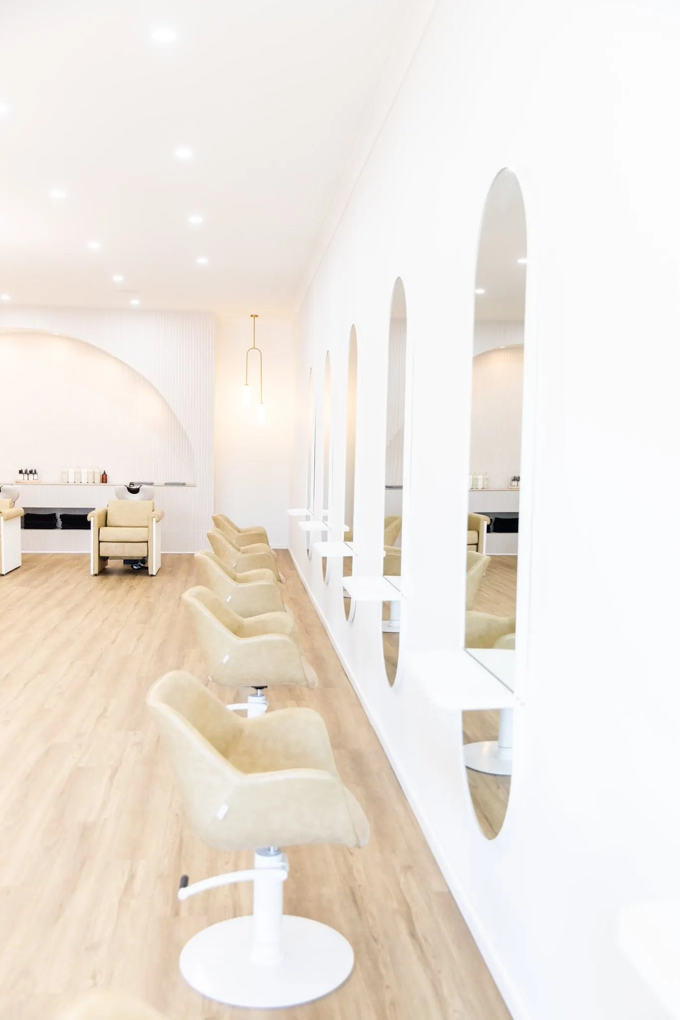 Styling chairs and mirrors at Ergo and Mane organic hair salon, sixteen minutes from Serpentine, Victoria