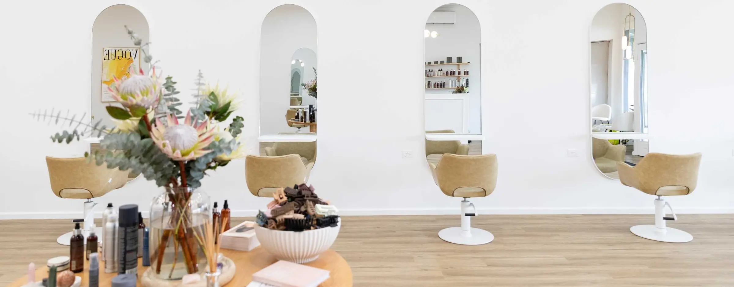 Styling stations and arched mirrors at Ergo and Mane organic hair salon in Bridgewater near Bendigo